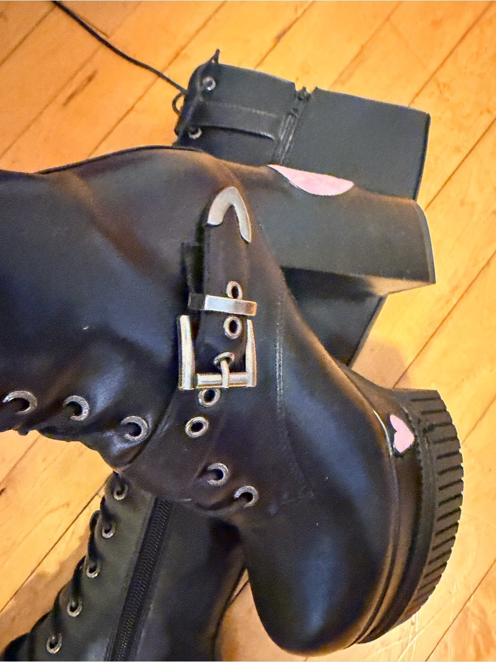 Black Knee-High Platform Lace-Up Boots with Pink Heart Accents - Picture 4 of 4
